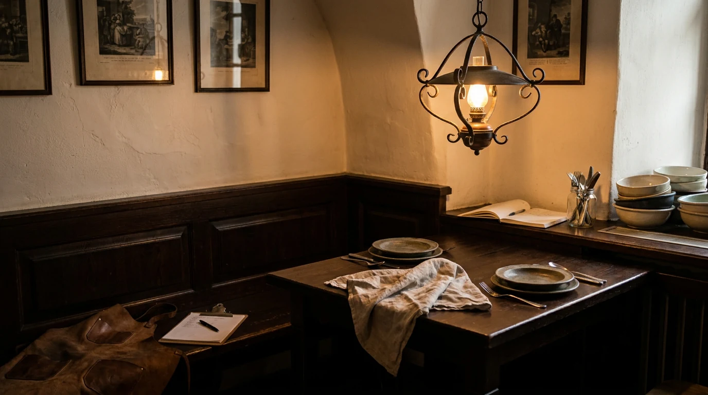 Prostřený stůl v restauraci, tlumené večerní světlo